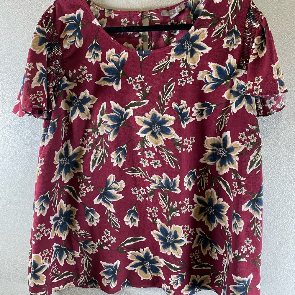 Red Relaxed Blouse with Blue Floral Pattern